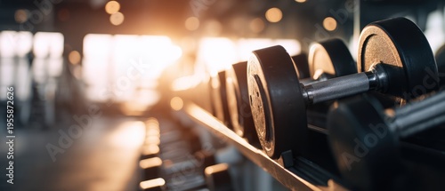 Dumbbells in a Gym with Sunlight Streaming Through the Windows.