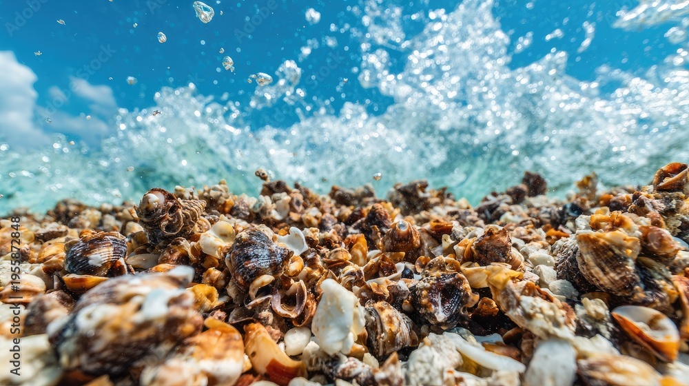 Obraz premium Close up of seashells on the beach with ocean wave in the background