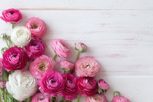 Elegant ranunculus flowers on white wooden background, floral arrangement.