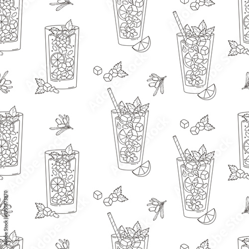Outline Sea Buckthorn Iced Drink Seamless Pattern. Line Art Cocktail Glasses with Berries, Mint, Lemon and Ice Cubes on White Background. Vector Illustration. Beverage Fabric Textile Wallpaper Design.
