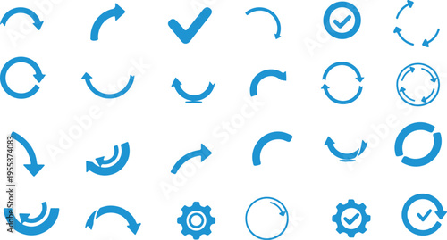 Collection of blue circular arrows and checkmark icons