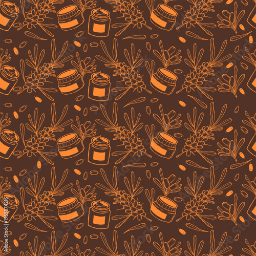 Sea Buckthorn and Cosmetics Seamless Pattern. Orange Line Art Botanical Background with Berries, Leaves, and Beauty Jars and Creams on Dark Brown. Vector Square illustration. Outline hand Drawing