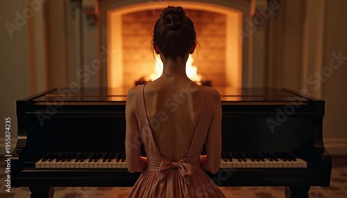 Woman plays piano in front of a fireplace during a cozy evening gathering