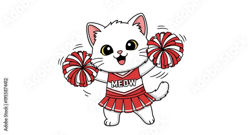 Cute cartoon white cat cheerleader with red and white pom-poms.
