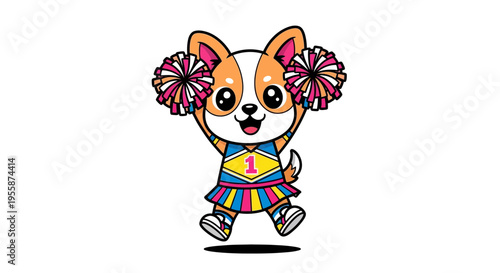 Adorable cartoon dog cheerleader with pom poms in a vibrant uniform.