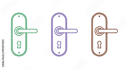 Three colorful door handles in green, purple, and brown on a white background with a minimalist design.