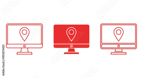 Graphic illustration of three computer monitors with location pin icons on a white background in a flat lay composition.