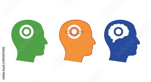 Flat lay of three colorful human head silhouettes with thought bubbles on a white background, conveying ideas and communication.
