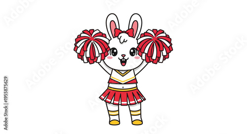 Cute cartoon bunny cheerleader with pom-poms and a red uniform.