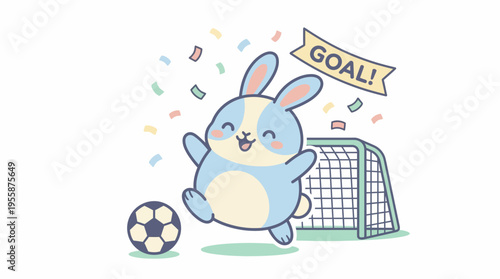 Cute blue bunny playing soccer with a goal and confetti.
