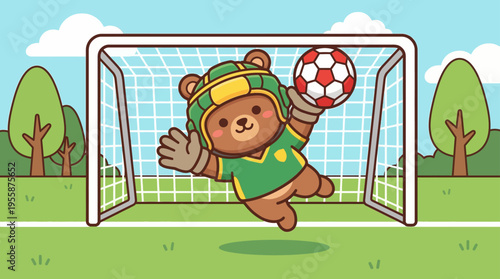 Cute cartoon bear goalkeeper making a save in a soccer game.