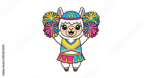 Cute cartoon llama cheerleader with colorful pom poms and a vibrant uniform.