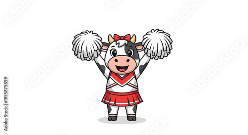 Cute Cartoon Cow Cheerleader with Pom-Poms.