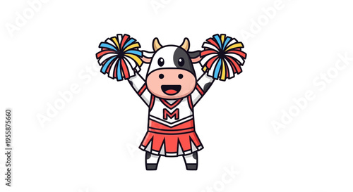 Cute cartoon cow mascot as a cheerful cheerleader with pom-poms.