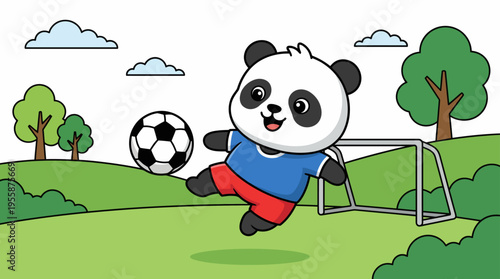 Cute cartoon panda playing soccer with a football.