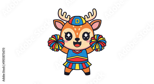 Cute cartoon deer cheerleader with pom-poms and a cheerful expression.
