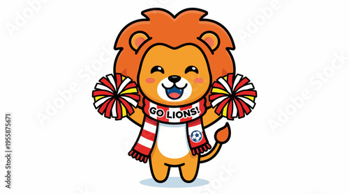 Cute cartoon lion mascot cheering with pom-poms and scarf.