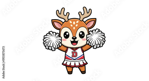 Cute little deer cartoon cheerleader with pom poms.