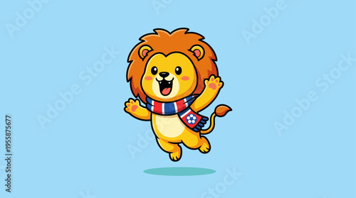 Cute Cartoon Lion Wearing Scarf Waving Hand.