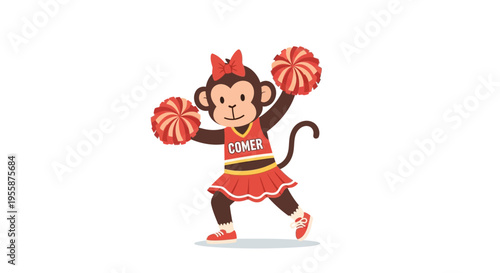 Cute cartoon monkey cheerleader with pom-poms in a red uniform.