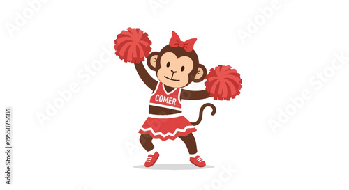 Cute Monkey Cheerleader with Pom-Poms in Red Uniform.