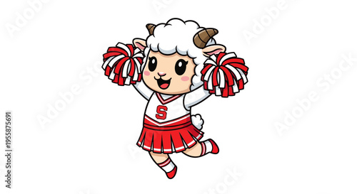 Cute cartoon sheep cheerleader jumping with pom-poms.