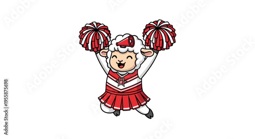 Cute cartoon sheep cheerleader with pom-poms in a red uniform.