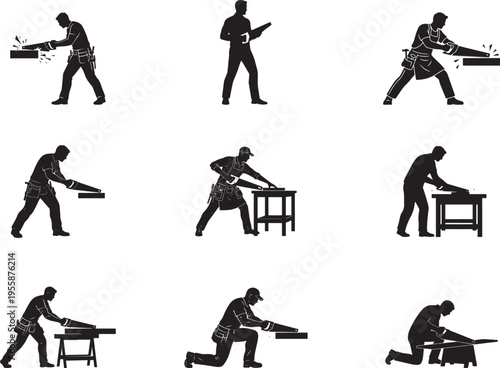 Carpenter Cutting Wood With Hand Saw Silhouette Scene