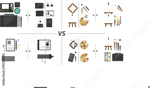 Flat vector comparison of digital art tools and traditional painting equipment including graphic tablets stylus palettes and easels for creative design vs reality
