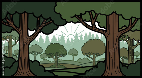 Brown tree trunks in forest landscape.