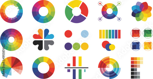 Large collection of colorful color wheel icons and palette scheme charts isolated on white background for graphic design theory and web development projects