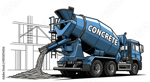 Cement mixer truck pouring concrete.