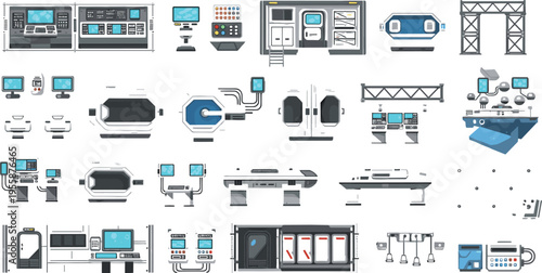 Large collection of futuristic spaceship interior vector elements including control panels monitors laboratory equipment and scientific workstation consoles for sci-fi environment game UI design.