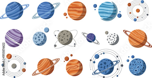 Large set of flat vector planet icons including gas giants with rings rocky moons and solar system orbits isolated on white background for astronomy projects