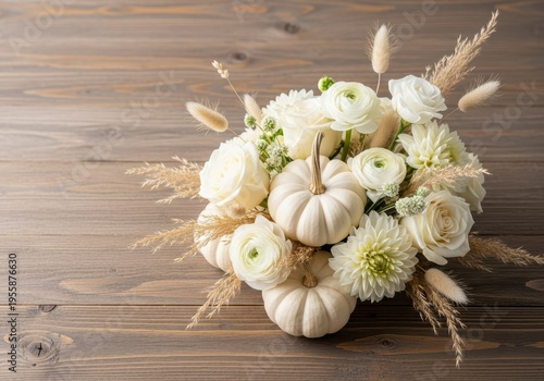 Elegant autumn centerpiece featuring white mini pumpkins, dried grasses, and fresh white and cream flowers on a rustic wooden table, white, bloom, grass