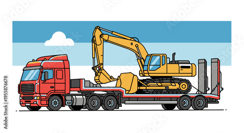 Truck Transporting Heavy Construction Equipment Trailer.