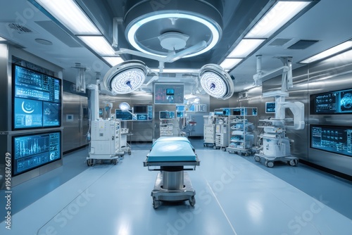 Modern operating room with advanced medical equipment and technology.