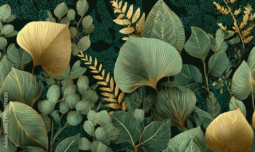 Detailed floral arrangement with gold-lined green leaves against a dark textured background