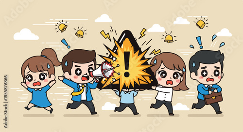 Cartoon illustration of four businesspeople reacting to a shocking idea with surprised expressions and dynamic movements on a beige background with white clouds.