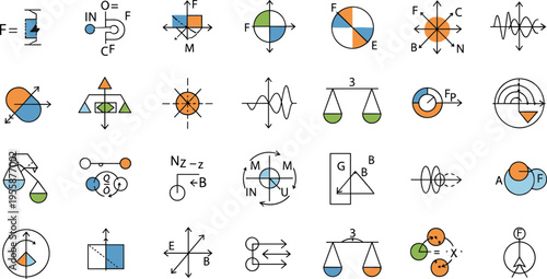 Set of flat vector icons featuring physics diagrams mathematical formulas and scientific symbols including scales waves and force vectors isolated on white background