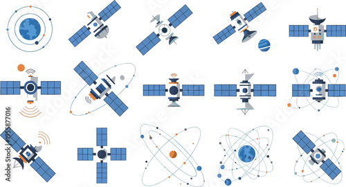 Set of flat vector satellite icons and space communication technology elements including orbiting spacecraft with solar panels for global network telecommunications data and internet connectivity.