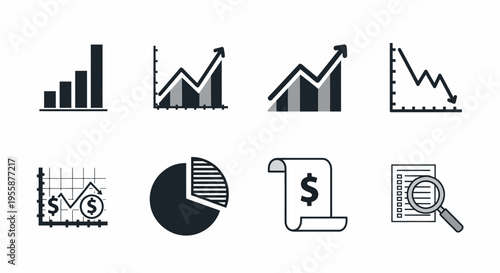 Business Finance Data Analysis Graphs and Charts for Economic Market Growth and Decline Vector Icons