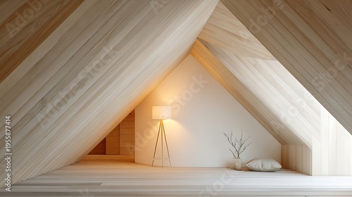 Minimalist Attic Interior Design Featuring Warm Natural Wood Paneling Slanted Ceilings and Cozy Ambient Lighting for a Serene Modern Living Space Concept