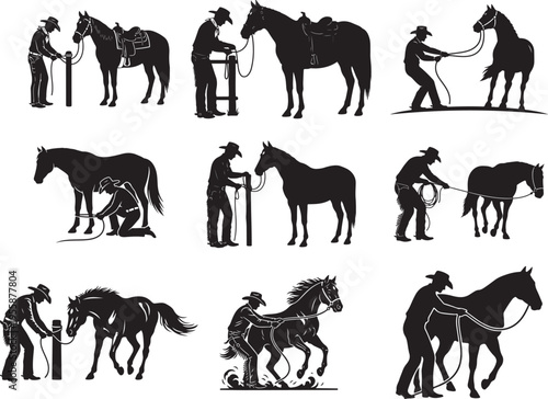 Cowboy Tying Horse Ranch Work Silhouette Scene