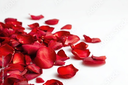Romantic red rose petals scattered on a white background.