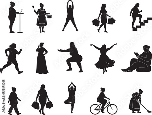 Active Plus Size Woman Daily Movement Poses Silhouette Pack