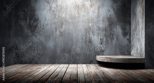 Dramatic spotlight illuminates a rustic wooden floor and concrete wall.