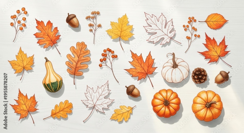 Obraz premium Autumn Leaves Pumpkins Acorns Berries Flat Lay