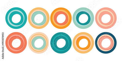 Ten stylish concentric circles featuring teal, orange, and pink hues on a clean background.