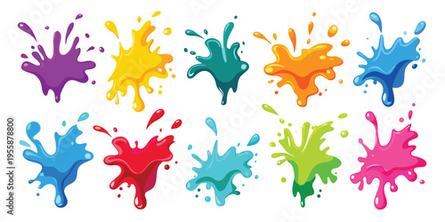 A vivid collection of messy paint splashes and ink splatters with drips.